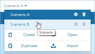 Opciones desplegables de escenario que enumeran los escenarios del proyecto