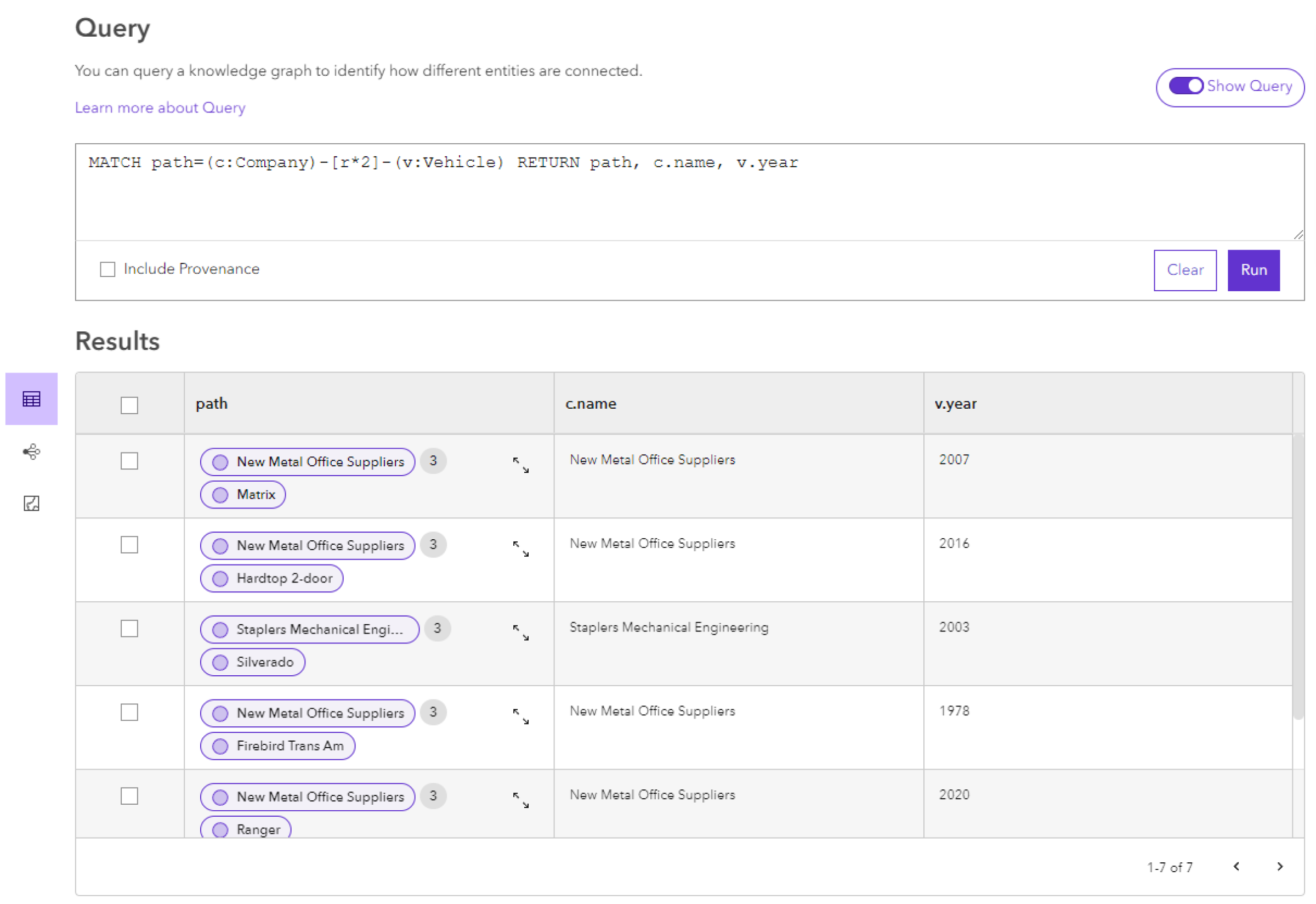 Resultados de una consulta que devuelve una ruta, además de propiedades de entidades concretas incluidas en esa ruta. Resultados de una consulta que devuelve una ruta, además de propiedades de entidades concretas incluidas en esa ruta.