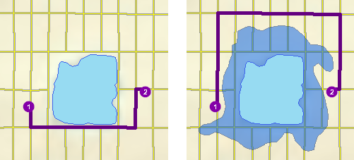 Dos mapas demuestran cómo afecta una barrera de polígono de restricción a la búsqueda de una ruta entre dos paradas.